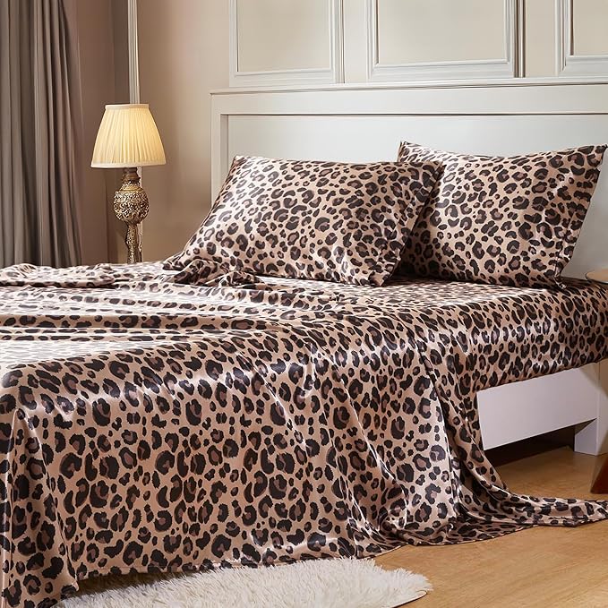 MR&HM Satin Bed Sheets with Elastic Corner Straps, Full Size Sheets Set, 4 Pcs Silky Bedding Set with 15 Inches Deep Pocket for Mattress (Full, Brown Leopard)