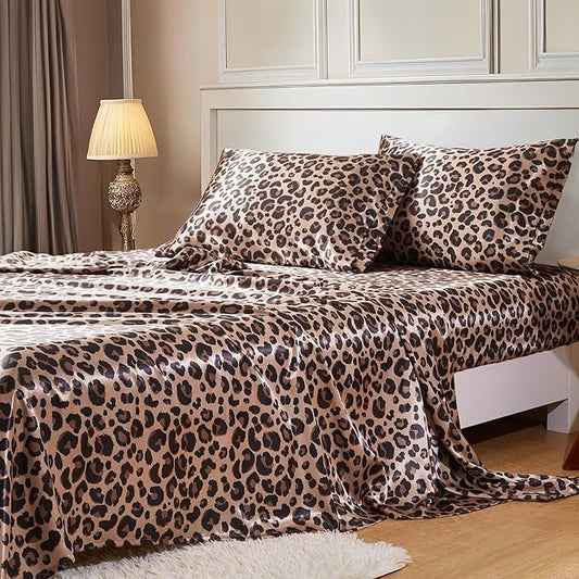 MR&HM Satin Bed Sheets, Twin Size Sheets Set, 3 Pcs Silky Bedding Set with 15 Inches Deep Pocket for Mattress (Twin, Brown Leopard)