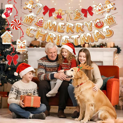 Merry Christmas Banners, Gingerbread Theme, Pre-Strung Holiday Party Décor with 20 Hanging Swirls for Home, Office, and School Celebrations