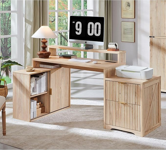 JXQTLINGMU 67" Modern L Shaped Desk with Storage Cabinet & Drawers, Wood Home Office Desk with Power Outlets, Fluted Computer Writing Desk, Natural Oak