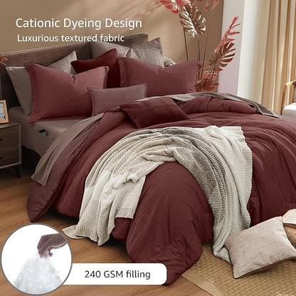 Monbix Queen Comforter Set - 7 Pieces Cationic Dyeing Dark Red Bed in a Bag Queen Bedding Sets with Comforter, Sheets, Pillowcases & Shams, Reversible Bedding Comforters Sets