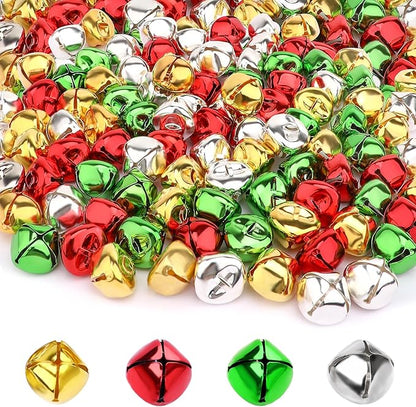 Augshy 120 Pieces Jingle Bells 4/5 Inch Craft Bell Bulk for Christmas Home and Pet Decorations Xmas Decor Party Favors Supplies (Gold, Silver, Red, Green)
