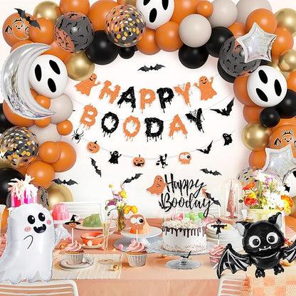 Amandir Orange Black White Sand Halloween Birthday Party Decorations, Happy Boo Day Glitter Banner Halloween Balloon Arch Garland kit Foil Bat Ghost Balloons Cake Toppers for Kids Spooky Baby Shower