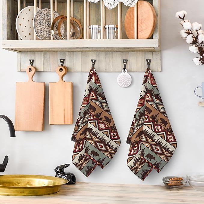 Vintage Rustic Dish Towels Set of 2 Bear Mountain Cabin Farmhouse Kitchen Towels 16x24