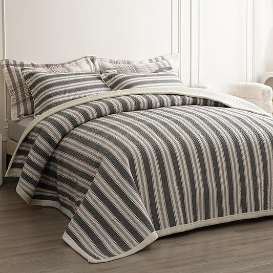 Cotton Striped Quilt Set King 3 Piece Lightweight Reversible Bedding, Stripe Grey White