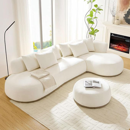 WILLIAMSPACE 134.63" Oversize Curved Sofa Cloud Couch with Round Chaise & Ottoman, Modern Upholstered Curved Sectional Sofa Couch with 6 Pillows for Living Room, No Assembly (Right-Facing,Cream White)