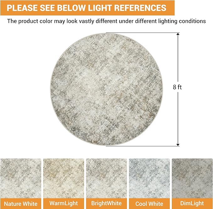 Round Rug 8ft Circle Rug Washable: Carpet Circular Area Rug for Entryway Kitchen Bedroom Dining Room Living Room Large 8 Feet Abstract College Dorm Non Slip Low Pile Beige Brown