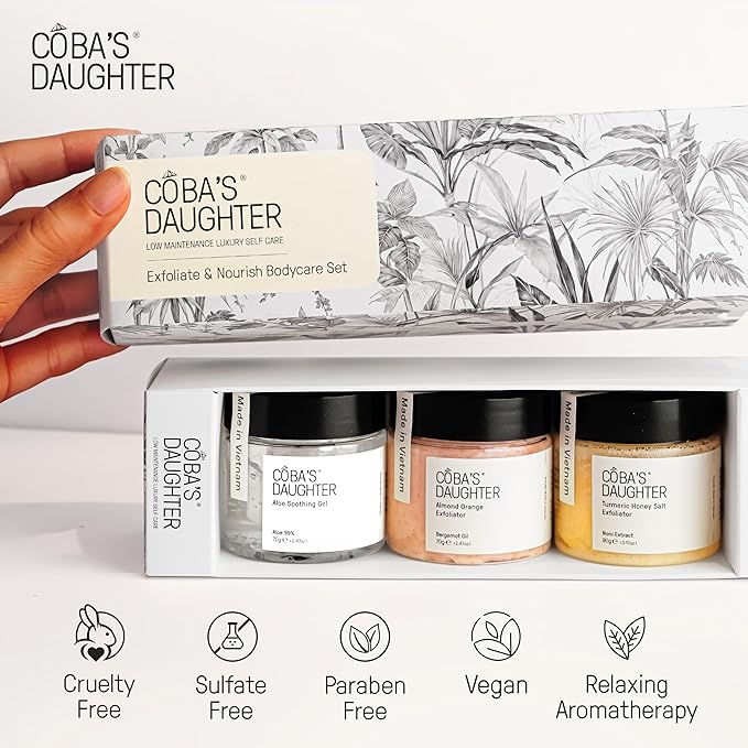 COBA’S DAUGHTER Christmas Gift for Women - 3-Piece Spa Gift Set with Honey Turmeric Scrub, Almond Orange Scrub & Aloe Vera Gel - Perfect Birthday Gift, Self-Care Spa Gift Box, Travel Size Beauty Set