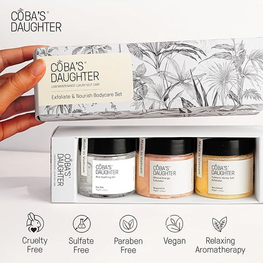 COBA’S DAUGHTER Christmas Gift for Women - 3-Piece Spa Gift Set with Honey Turmeric Scrub, Almond Orange Scrub & Aloe Vera Gel - Perfect Birthday Gift, Self-Care Spa Gift Box, Travel Size Beauty Set