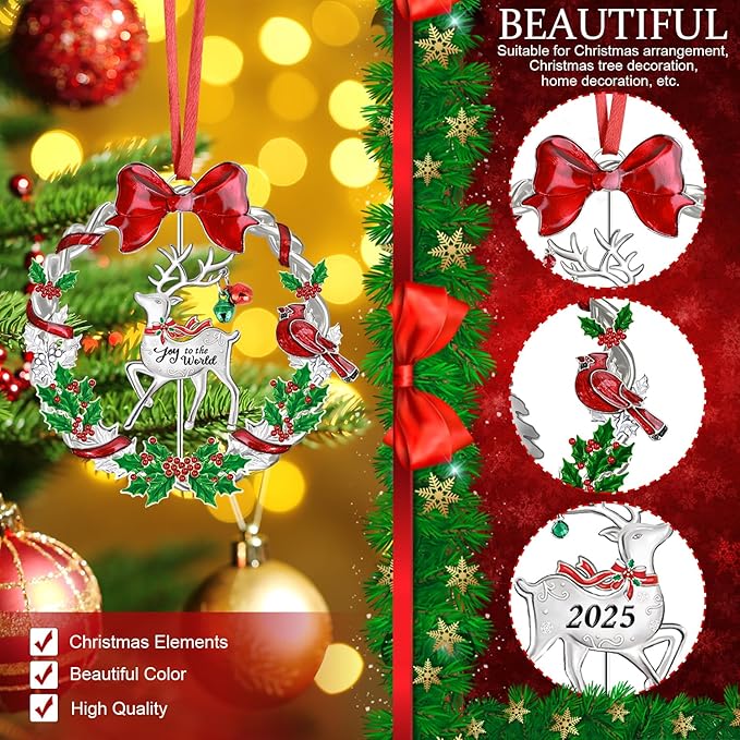 Christmas Ornament 2025 for Christmas Tree Decorations, Dated 2025 Christmas Wreath Ornament with Rotatable Deer for Holiday Decorative Keepsake Gift(Metal,1 Pack)