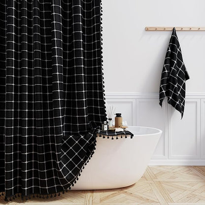 BTTN Extra Long Boho Tassel Linen Fabric Shower Curtain Set, 72x84 Inch, Tall Modern Farmhouse French Country Cloth Shower Curtain for Bathroom, Black and White
