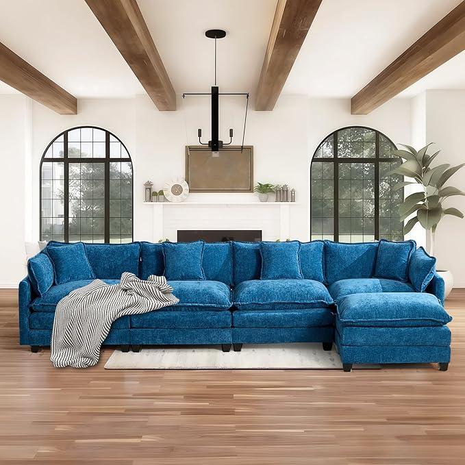 SoarFlash 143.2" Chenille Sectional Sofa, Comfy L Shaped Modular Coush Sofa with Ottoman, Modern 4 Seat Couch Deep Seat Sofa Set for Living Room,Blue