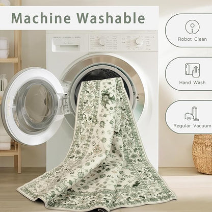 Washable Rugs 8x10 Area Rugs for Living Room,Rugs for Bedroom,Large Carpets,Ultra Soft Faux Wool Retro Dining Room Rug,Non Slip&Non-Shedding Low Pile Vintage Print Rug for Home Office-Green