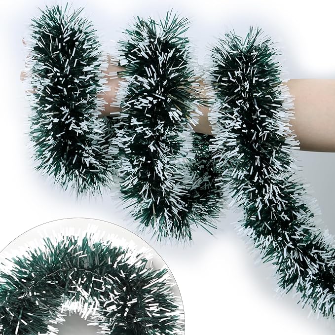 50 Feet Green Christmas Tinsel Garland for Christmas Tree Decorations, Xmas Metallic Twist Shiny Hanging Garland Decor for Mantle Stairs Fireplace Home Holiday Indoor Outdoor