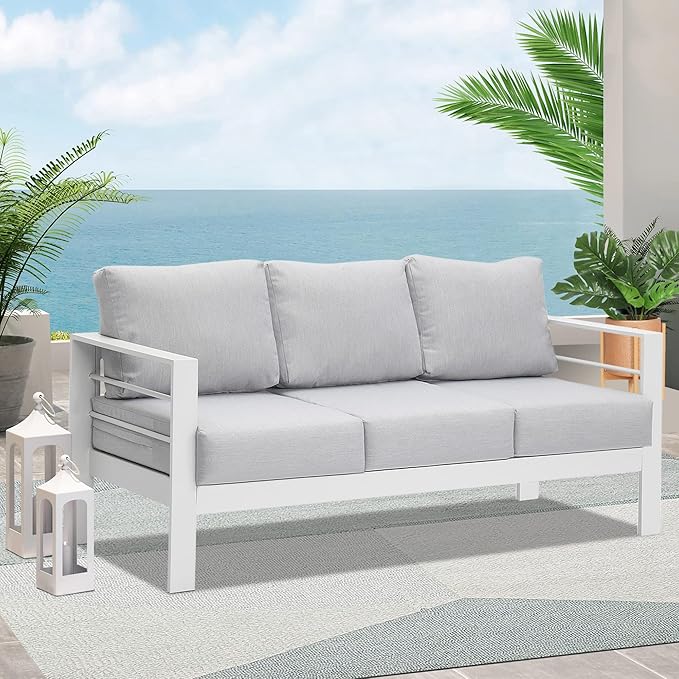 Wisteria Lane Patio Furniture Aluminum Chair, All-Weather 3 Seats Outdoor Chair, White Metal Chair with Light Grey Cushions
