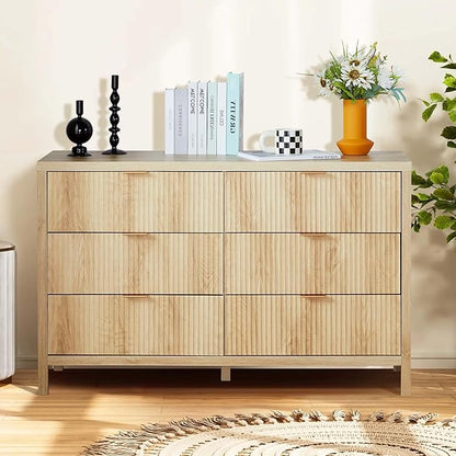 Fluted 6 Drawer Double Dresser for Bedroom, 47" Wide Modern Closet Dressers Chest of Drawers, Wood Storage Dresser Organizer for Nursery Bedroom Living Room Hallway Closet,Natural