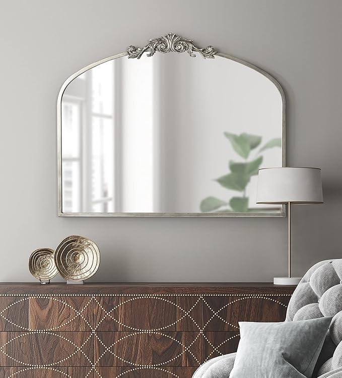 Kate and Laurel Arendahl Ornate Traditional Arched Mirror; 36 x 29; Silver; Decorative Baroque Style Arched Wall Mirror with Wide Frame and Crown
