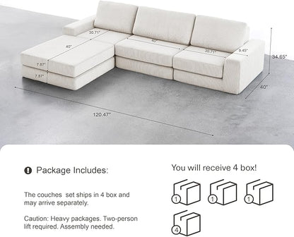120.47‘’ Boneless Couch Cloud Modular Sectional Couches for Living Room, Oversize L-Shape Sofa with Deep Seat, Plush Corduroy 3-Seater with Ottoman, No Assembly Required
