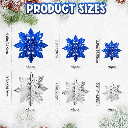 OuMuaMua Winter Christmas Snowflake Decorations Indoor, 36PCS 3D Silver Blue Snowflakes Christmas Hanging Ornaments for Home Xmas Holiday Winter Wonderland New Year Party Decor Supplies
