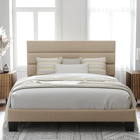 Allewie Full Size Platform Bed Frame with Fabric Upholstered Headboard and Wooden Slats Support, Fully Upholstered Mattress Foundation/No Box Spring Needed/Easy Assembly, Beige