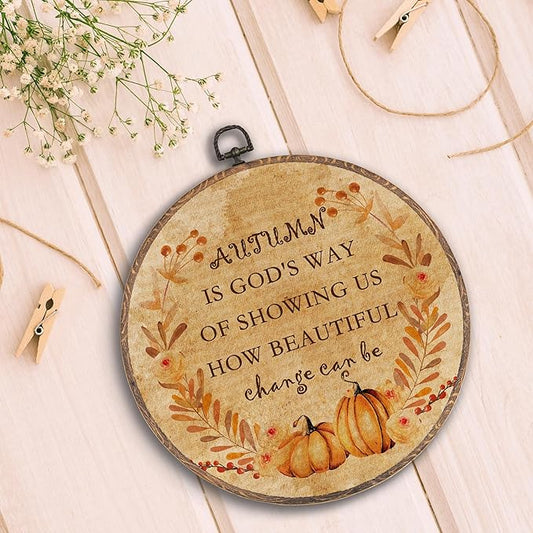 Hxlac Vintage Autumn Round Wall Art Framed, Farmhouse Fall Pumpkin Round Wall Decor, Autumn Is God's Way Thanksgiving Hanging Canvas Prints Wall Sculptures for Home Room Bedroom Decor, 10x10 Inch