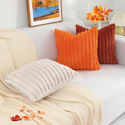 decorUhome Faux Fur Fall Throw Pillow Covers 20x20 Set of 2, Decorative Soft Plush Striped Neutral Euro Pillow Covers with Velvet Back for Bed, Living Room Home Decor, Rust