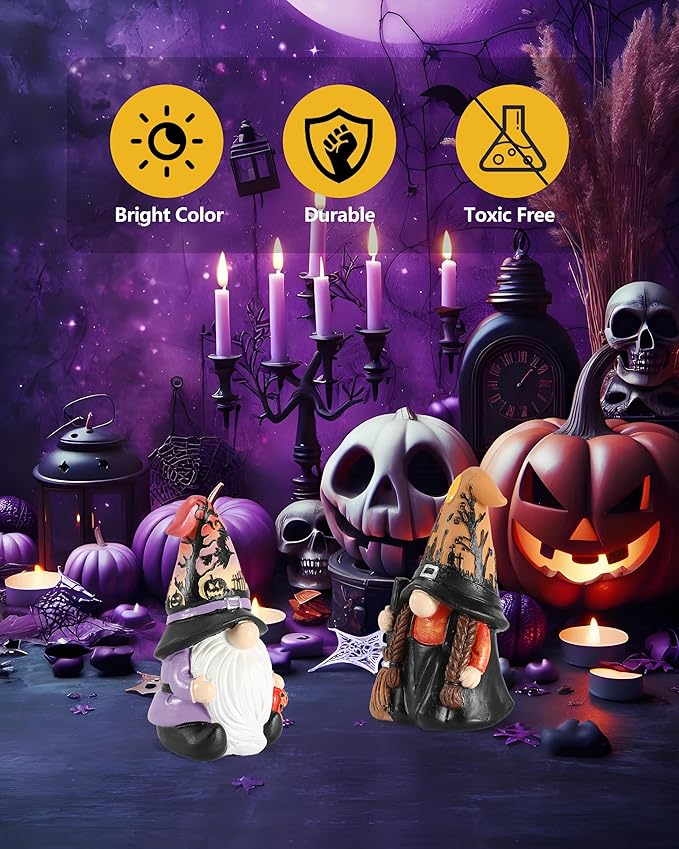 Halloween Gnomes and Witch Figurines - 2Pack Lights Up Fall Gnome - 4.5'' Resin Indoor Halloween Decor for Women (Gnomes)