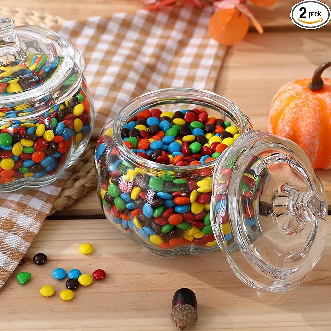 Halloween Decorations-2 PCS Glass Pumpkin Jars with Lid-Halloween Candy Storage for Home Fall Thanksgiving Halloween Party Centerpieces Decor