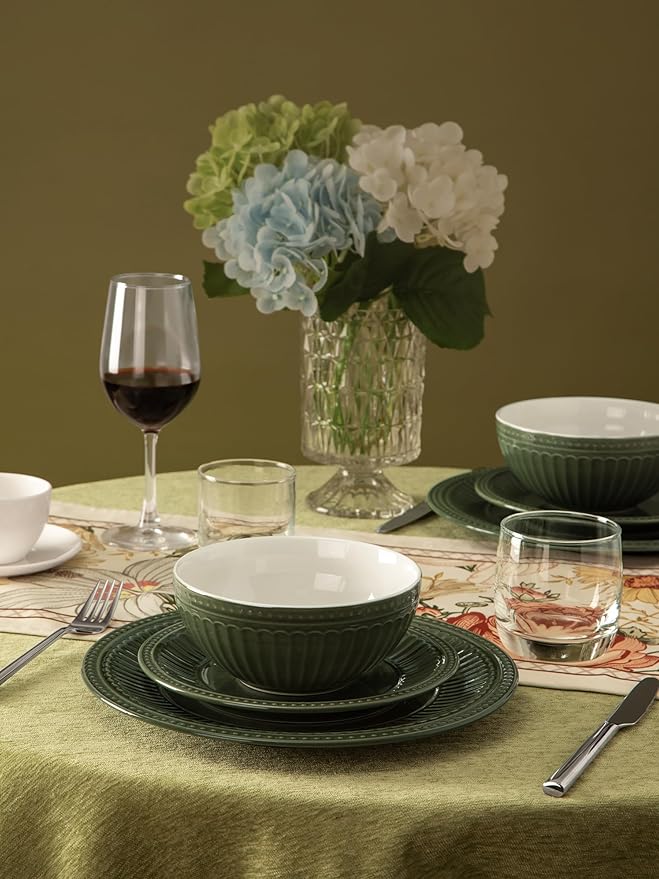 Famiware Garden Plates and Bowls Set, 12-Piece Dishes Set for 4, Scratch Resistant Kitchen Dishes Dinnerware Set - Microwave and Dishwasher Safe, Reactive Glaze and Embossed Stoneware, Dark Green