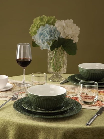 Famiware Garden Plates and Bowls Sets, 18-Piece Dishes Set for 6, Scratch Resistant Kitchen Dishes Dinnerware Set - Microwave and Dishwasher Safe, Reactive Glaze and Embossed Stoneware, Dark Green