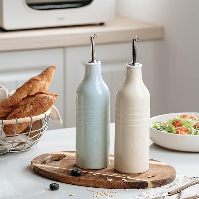 famiware Jupiter 16oz Ceramic Olive Oil Dispenser Bottle, Oil and Vinegar Dispenser Bottle Set of 2 with Stainless Steel Pourers, Suitable for Storage Vinegar, Liquids, Light Blue & Vanilla White