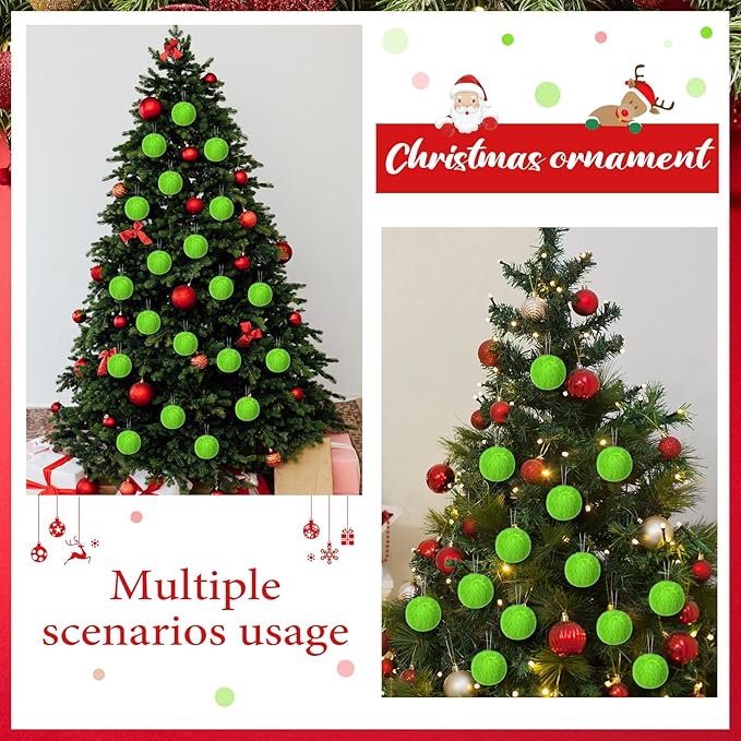 12Pcs Furry Christmas Ball Ornament for Xmas Tree Lime Green Soft Faux Fur Pom Pom Ball Ornaments Christmas Tree Hanging Decorations for Winter Party Home Decor Costume Supplies