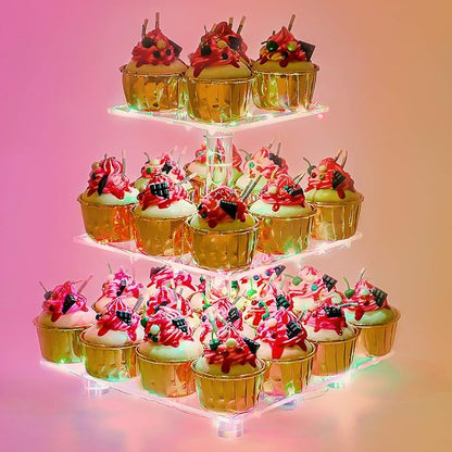 YestBuy 3 Tier Cupcake Stand - Premium Cupcake Holder - Acrylic Cupcake Tower Display - Acrylic Display for Pastry + LED Light String - Ideal for Weddings, Birthday Parties(Multicolored)