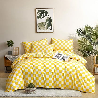 CLOTHKNOW Yellow Plaid King Size Comforter Set 3Pcs Yellow White Bedding Comforter Sets Grid Comforter King Light Yellow Comforter Sets King