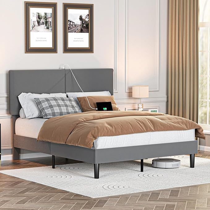 VECELO Full Size Bed Frame, Upholstered Platform with Height-Adjustable Headboard, Wooden Slats Support, Under-Bed Space, No Box Spring Needed, Easy Assembly, Dark Grey