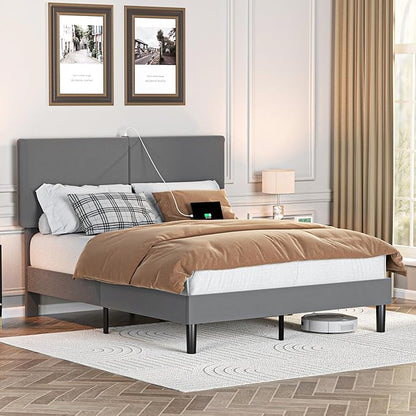 VECELO Full Size Bed Frame, Upholstered Platform with Height-Adjustable Headboard, Wooden Slats Support, Under-Bed Space, No Box Spring Needed, Easy Assembly, Dark Grey