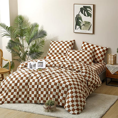 CLOTHKNOW Brown Beige Plaid King Size Comforter Set 3Pcs Grid Bedding Comforter Sets Soft All Season Checker Caramel Comforter with 2 x Pillow Cases
