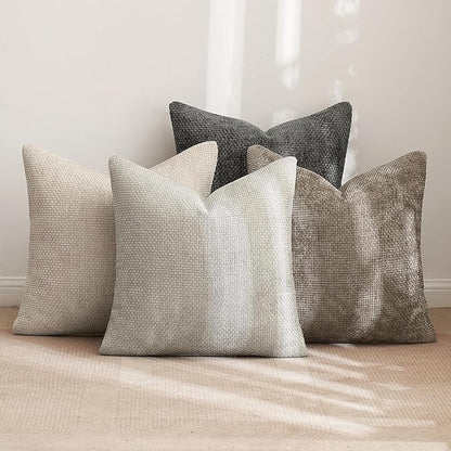 MIULEE Pack of 4 Throw Pillow Covers 16x16 Inch Neutral Soft Decorative Chenille Pillow Covers Farmhouse Boho Cushion Covers for Home Decor Bedroom Living Room