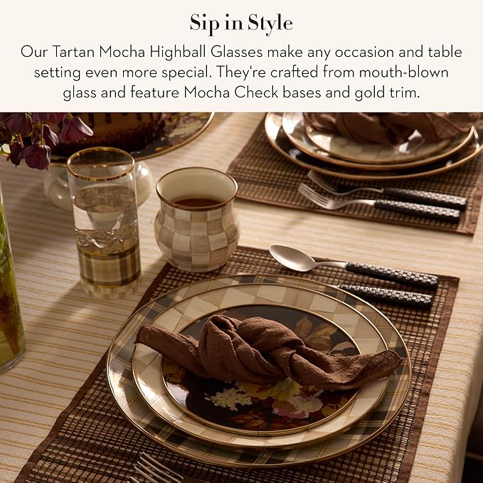 MACKENZIE-CHILDS Set of 4 Highball Glasses, Tall Drinking Glasses, 14 Ounces, Brown-and-White Tartan Mocha