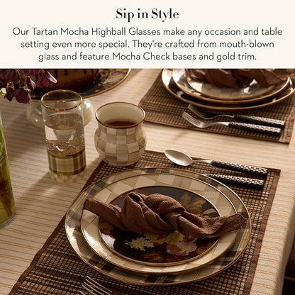 MACKENZIE-CHILDS Set of 4 Highball Glasses, Tall Drinking Glasses, 14 Ounces, Brown-and-White Tartan Mocha