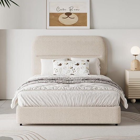 Twin Size Boucle Bed Frame, Upholstered with Headboard, Twin for Kids, Thickened Footboard/Rounded Corners/Adjustable Headboard/No Box Spring Needed/Easy Assembly, Beige