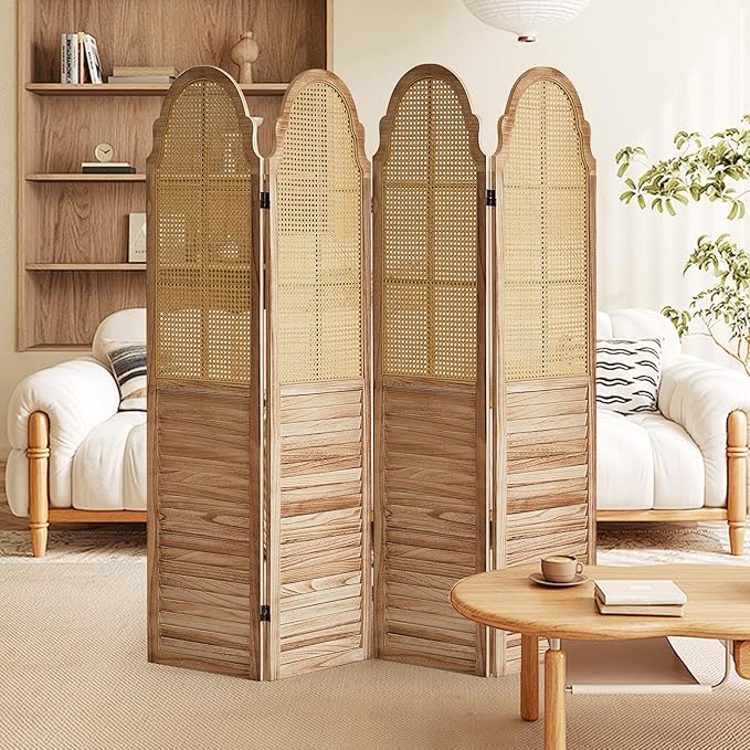 4 Panels Room Divider Wall, Rustic Rattan Room Divider, Wood Folding Privacy Screen, Foldable Wood Divider Wall, Portable Partition Screen, Wall Divider for Room Separation (Natural)