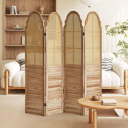 4 Panels Room Divider Wall, Rustic Rattan Room Divider, Wood Folding Privacy Screen, Foldable Wood Divider Wall, Portable Partition Screen, Wall Divider for Room Separation (Natural)