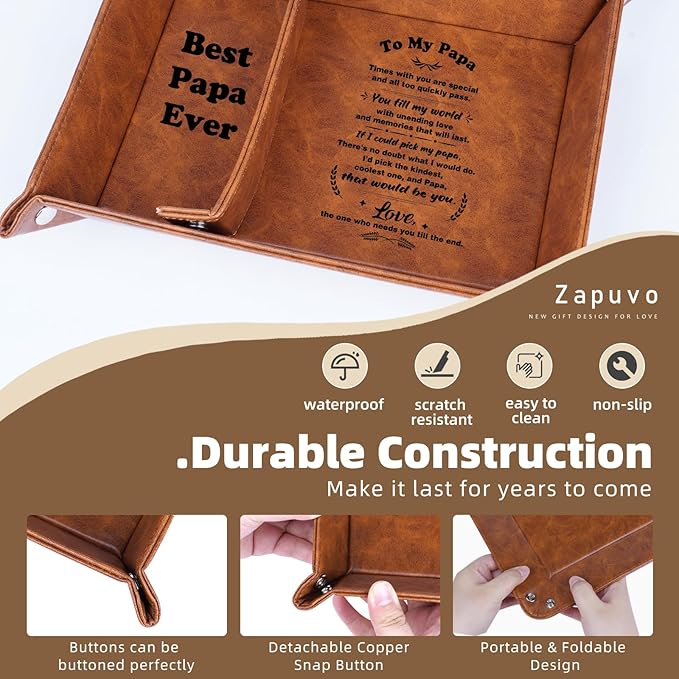 Best Papa Ever PU Leather Tray and Keychain, Unique Papa Grandpa Gifts for Father Day from Granddaughter Grandson, Birthday Gifts for Dad from Daughter Son