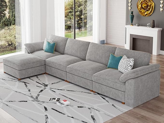 EASE MOOSE Extra Large Modular Sectional Sofa, Modern Oversized L Shape Sectional Couch,Comfty Deep Seat Chenille Modular Sofa with Ottoman, Light Gray