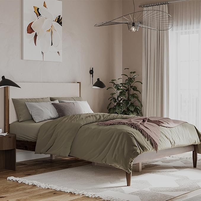 DG Casa Reign Boucle Mid-Century Modern Queen Size Wooden Platform Bed Frame - Upholstered in Cream Boucle - Solid Wood with Walnut Finish