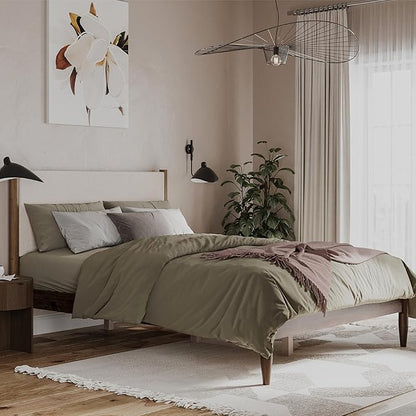 DG Casa Reign Boucle Mid-Century Modern Queen Size Wooden Platform Bed Frame - Upholstered in Cream Boucle - Solid Wood with Walnut Finish