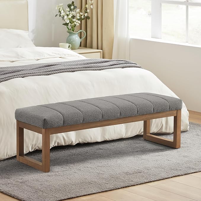 52.7" Bedroom Bench for End of Bed, Modern Upholstered Teddy Fabric Entryway Bench & Dining Bench, Footrest Stool Bench with Solid Wood Frame for Bedroom, Living Room (Light Grey)