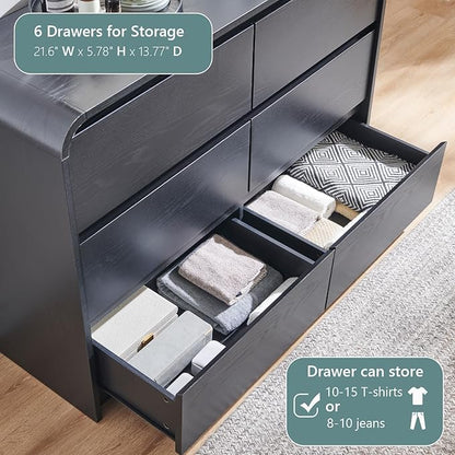 Modern 6 Drawers Dresser for Bedroom, 47" Wide Wood Dressers & Chests of Drawers w/Curved Profile Design, Mid Century Modern Dresser w/Natural Texture for Bedroom, Living Room, Black