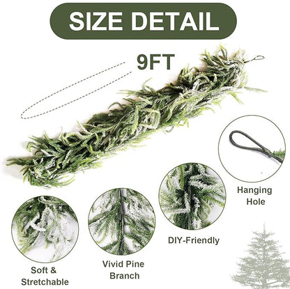 9FT Christmas Garlands Norfolk Pine Garland, Real Touch Artificial Winter Pine Garland, Green Artificial Greenery Garlands with Snowflake for Wall, Mantle, Table, Indoor, Outdoor Christmas Decorations